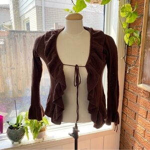 A&B Casa De Boneca Coverup Brown Ruffle Sweater Cardigan Tie In Front